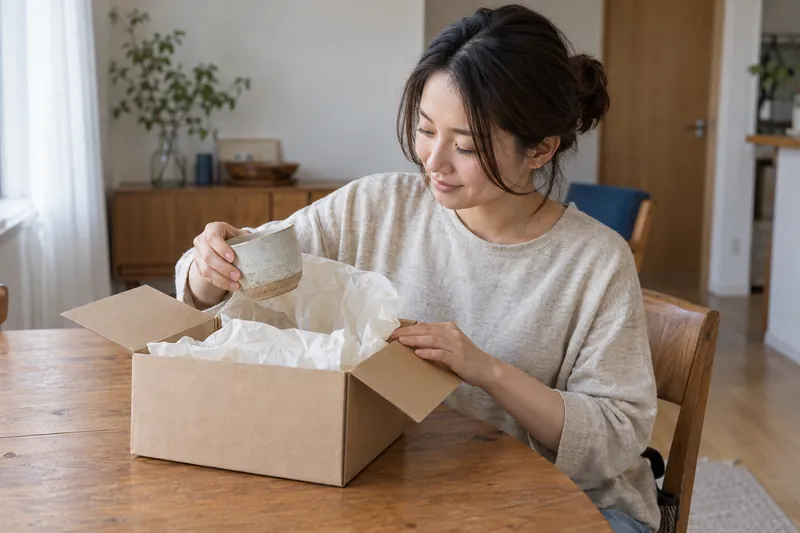 届いた箱を開けて、器を取り出すお客さん