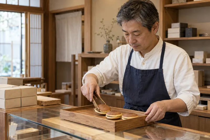 和菓子店の店主が、店頭でどら焼きを並べている
