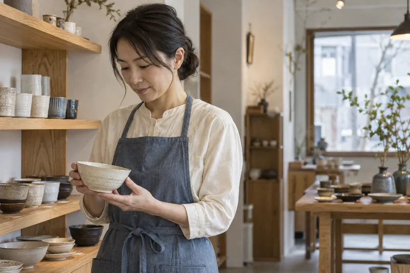 器のお店の店主が、小鉢を手に取っている