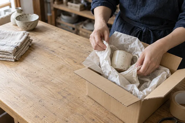 薄紙でマグカップを包み、箱に詰める手元