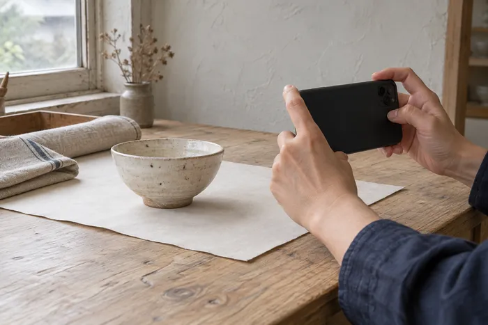 店主がスマホで器を撮影している手元